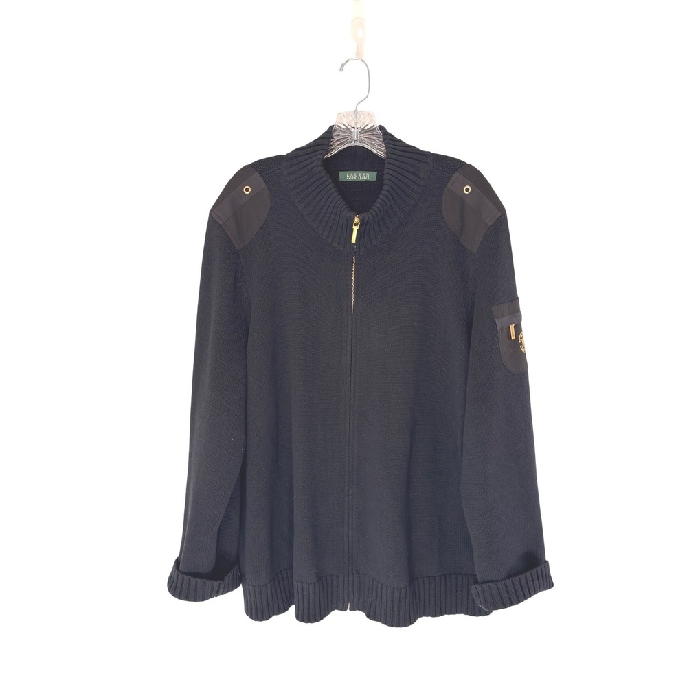 Ralph Lauren Full Zip Sweater Cardigan Black Gold Women's Knit Crest Embroidered